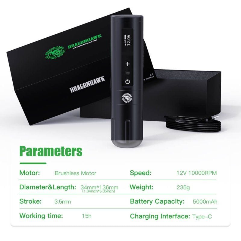 Dragonhawk X10 Wireless Tattoo Pen  3.5 mm Kablosuz Dövme Makinesi