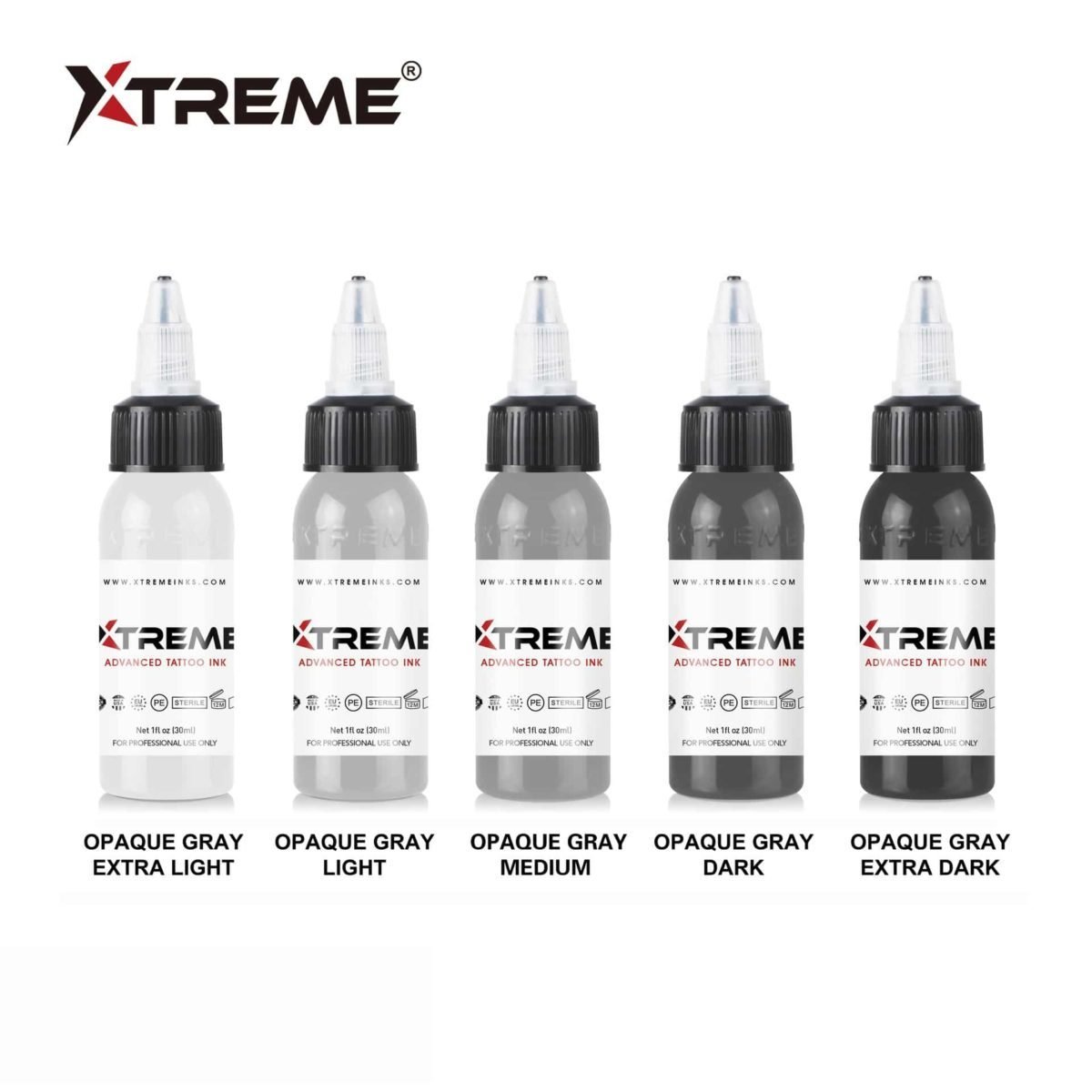 Xtreme Ink Opaque Gray Set 5x1/2 oz (15 ml) Gri Dövme Boyası Seti
