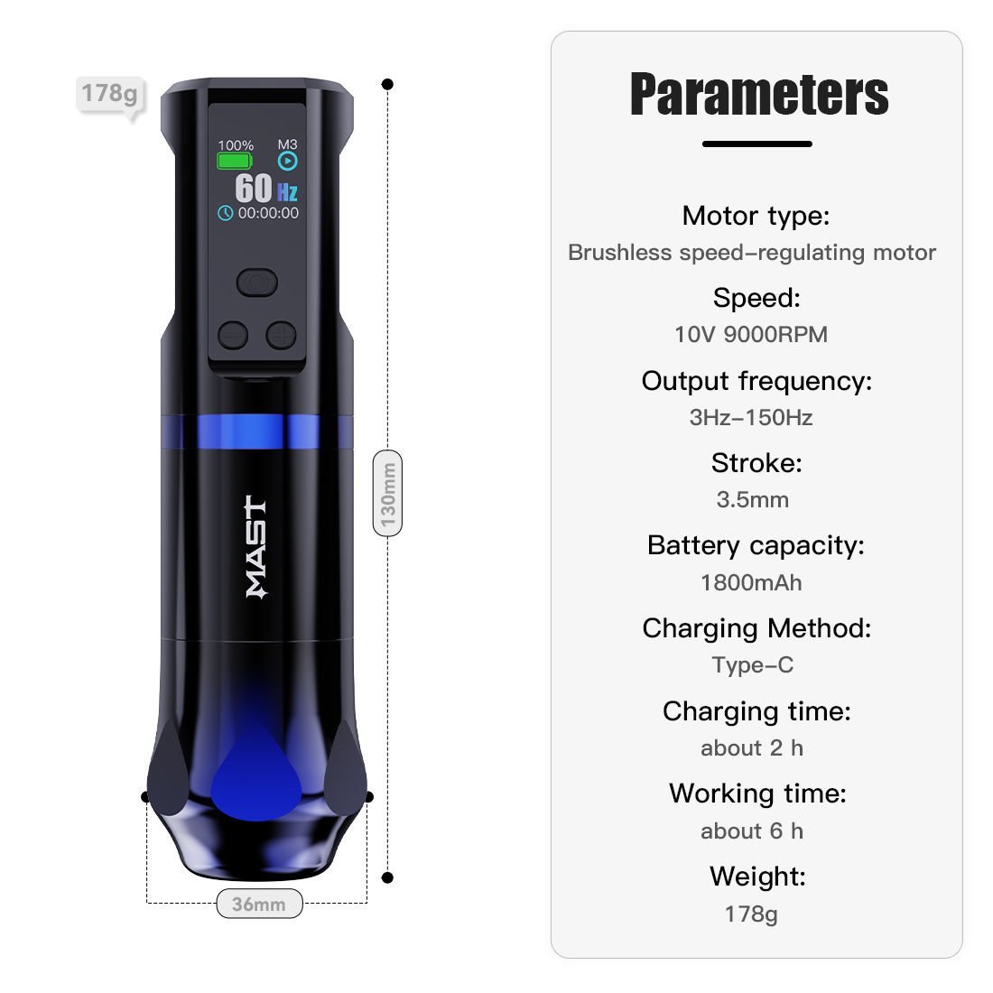 Mast Hertz Wireless Tattoo Pen Ayarlanabilir Dövme Makinesi 3.5 mm