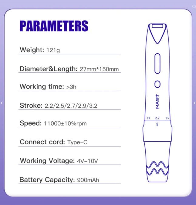 Mast P60 Wireless Adjustable 2.2 mm - 3.2 mm PMU Pen | Dövme ve Kalıcı Makyaj Makinesi