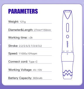 Mast P60 Wireless Adjustable 2.2 mm - 3.2 mm PMU Pen | Dövme ve Kalıcı Makyaj Makinesi