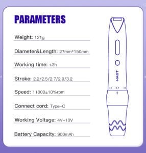 Mast P60 Wireless Adjustable 2.2 mm - 3.2 mm PMU Pen | Dövme ve Kalıcı Makyaj Makinesi