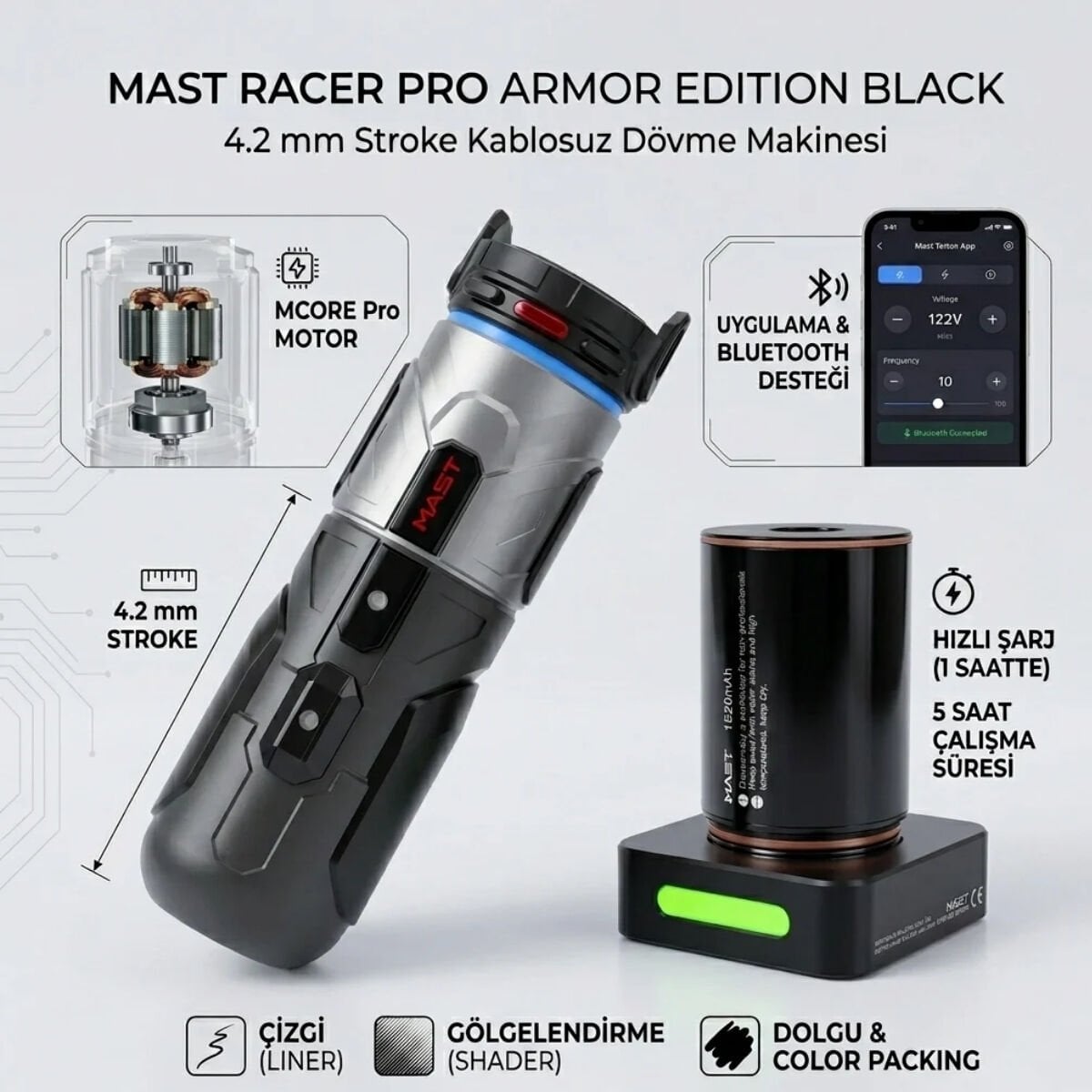 Mast Racer Pro Armor Edition 4.2 mm Stroke Wireless | Kablosuz Dövme Makinesi