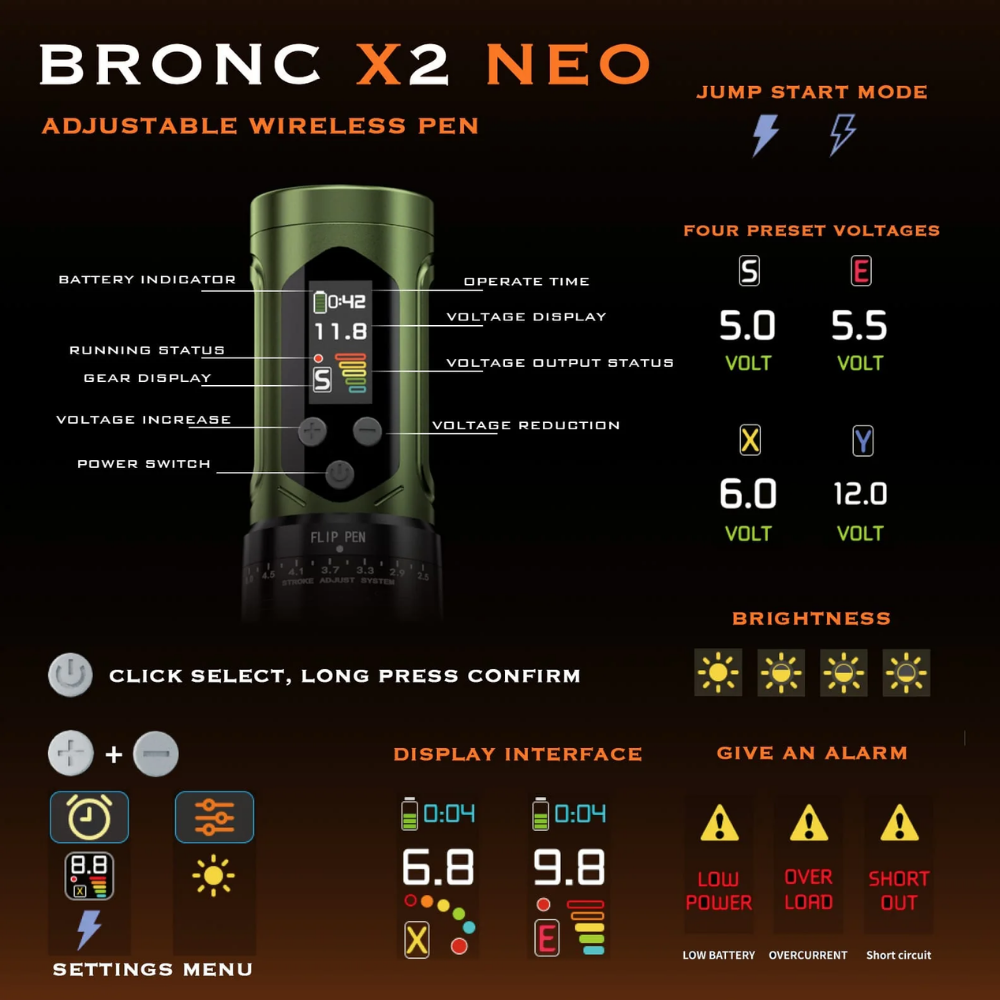 Bronc X2 Neo Adjustable Wireless Tattoo Pen 2.5 - 5.0 mm Stroke | Siyah Renk
