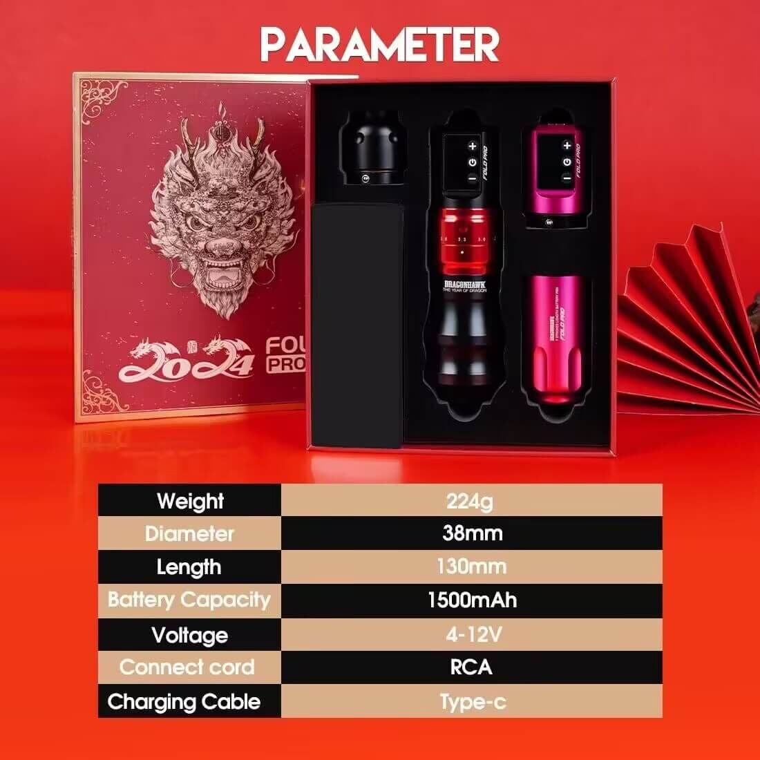 Dragonhawk Fold Pro Year of Dragon Edition Tattoo Pen Adjustable Stroke 2.4 mm - 4.2 mm