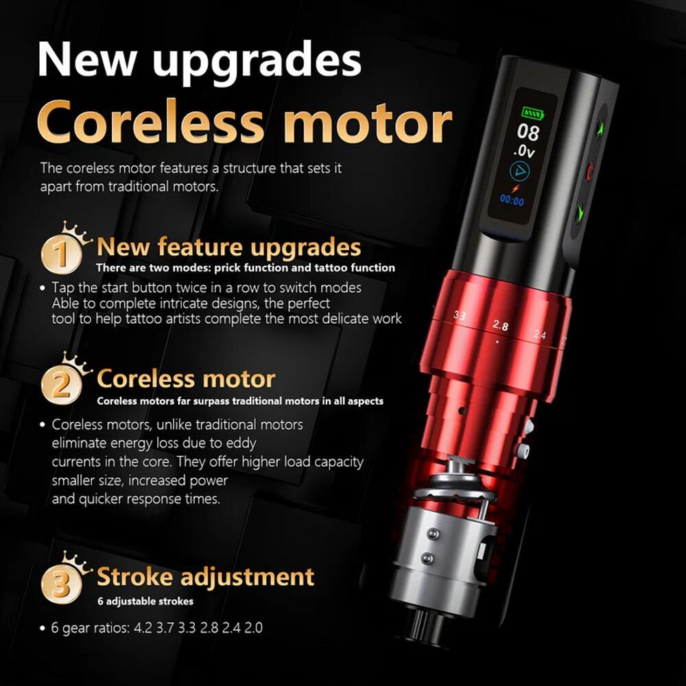 Big Wasp Eco V78 Wireless Adjustable Stroke 2.0 mm - 4.2 mm Tattoo Pen Kablosuz Ayarlanabilir Stroke Siyah Renk Dövme Makinesi