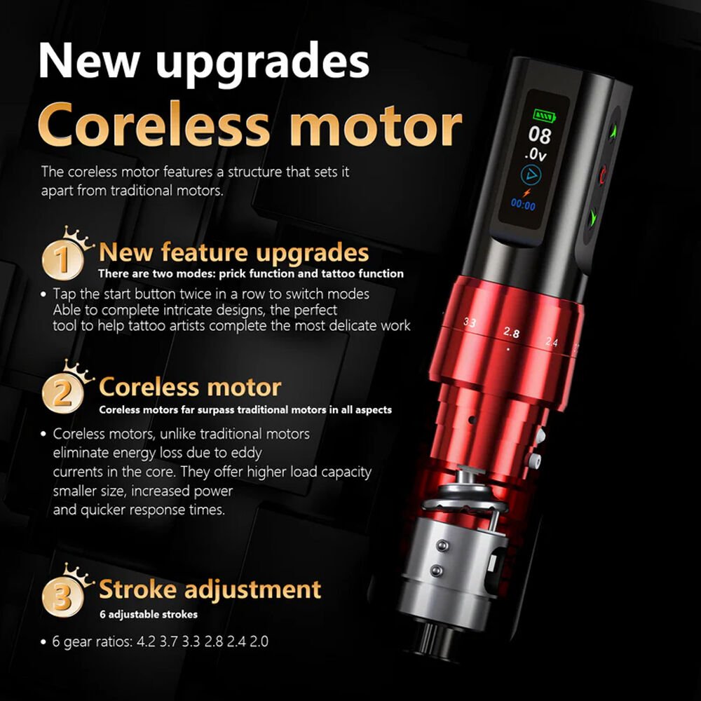 Big Wasp Eco V78 Wireless Adjustable Stroke 2.0 mm - 4.2 mm Tattoo Pen Kablosuz Ayarlanabilir Stroke Siyah Renk Dövme Makinesi