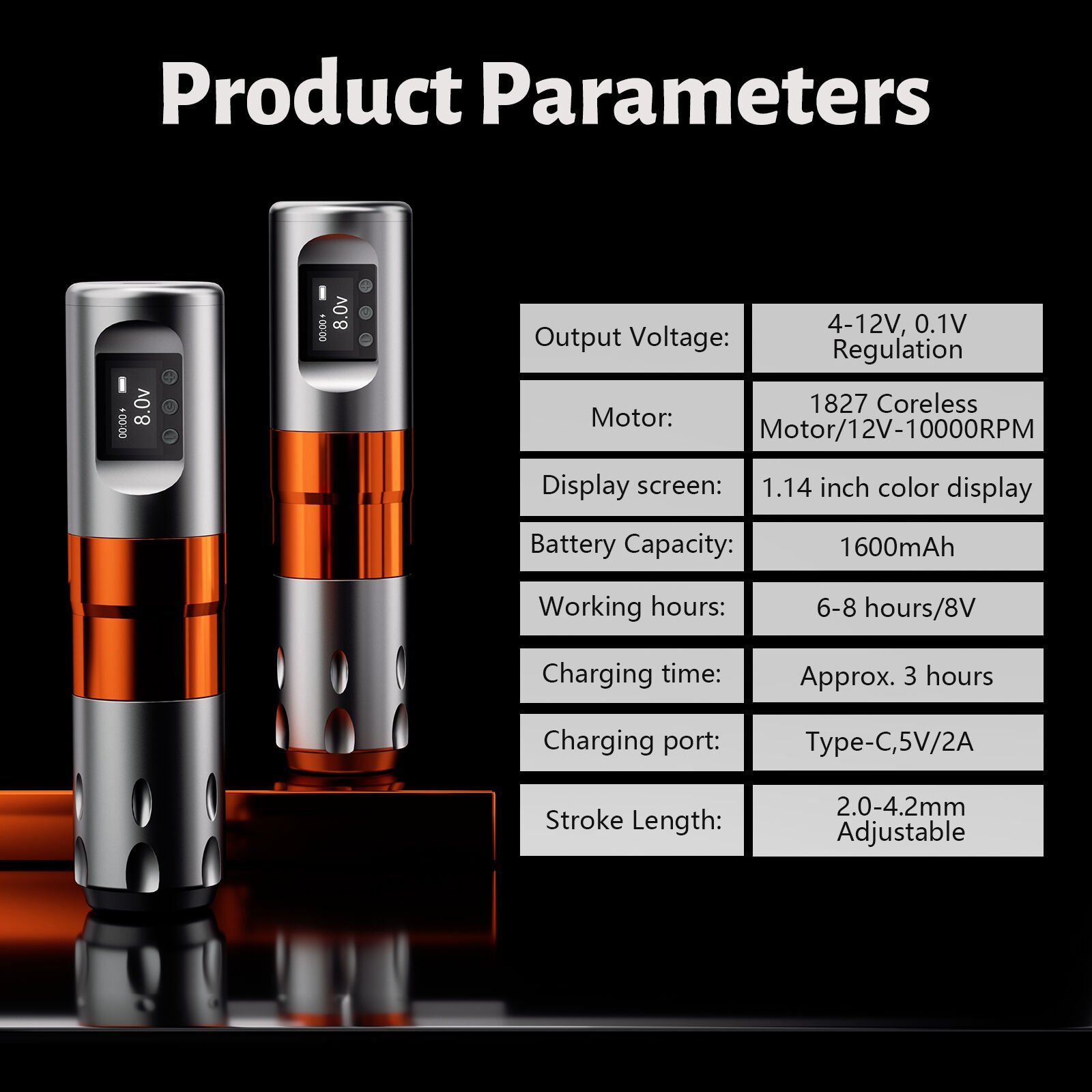 Big Wasp Eco V82 Wireless Adjustable 2.0 mm - 4.2 mm Tattoo Pen | Kablosuz Ayarlanabilir Stroke Siyah Renk Dövme Makinesi
