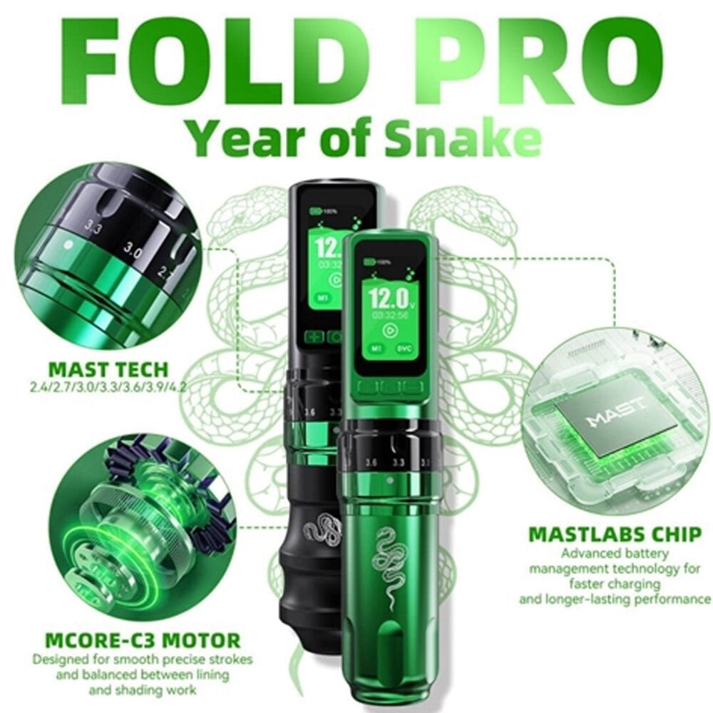 Dragonhawk Fold Pro Year of the Snake Wireless Adjustable 2.4 mm - 4.2 mm Stroke Tattoo Pen Set